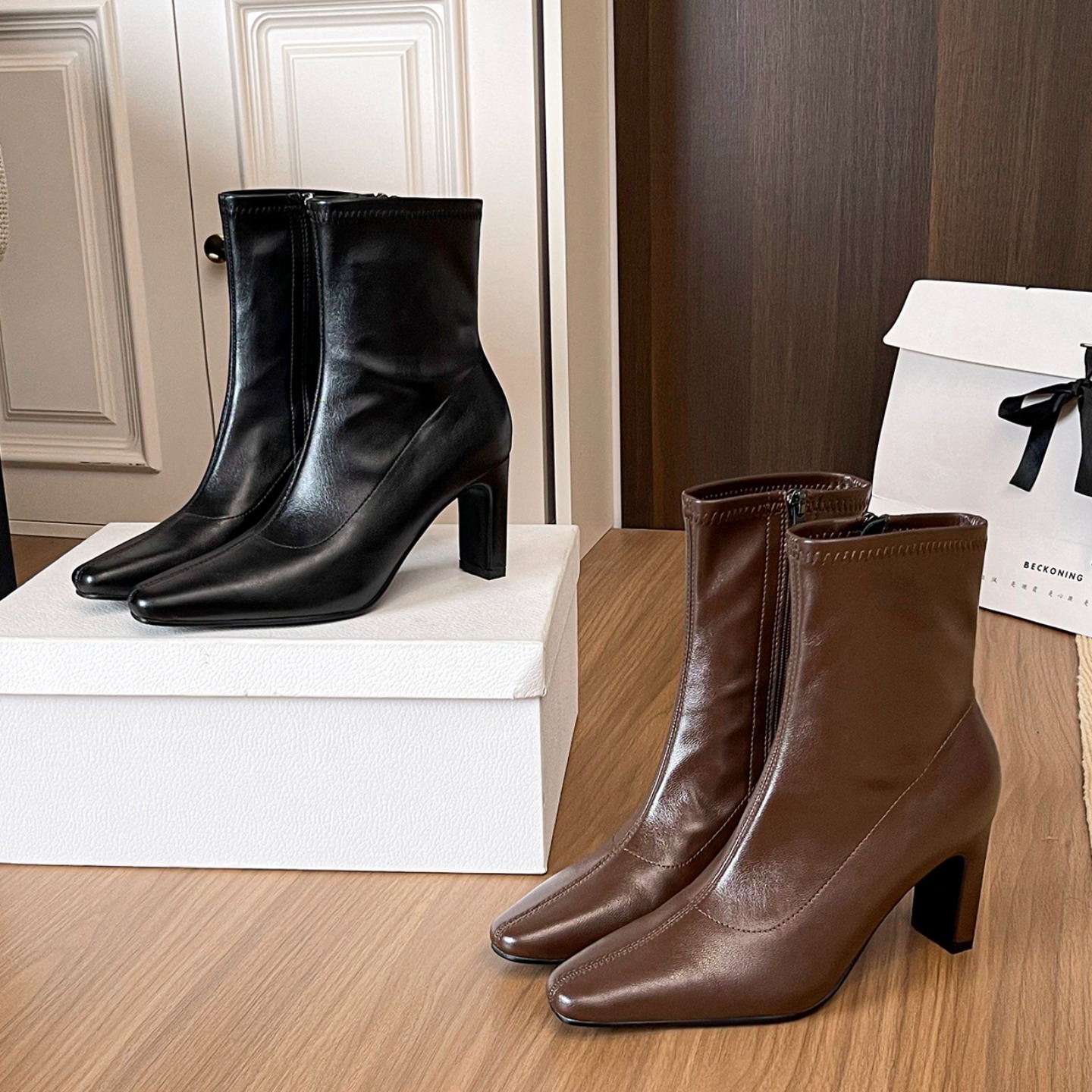Crape Myrtle 2025 Autumn Winter Women's Retro PU Leather Square Toe Chunky Heel Short Boots