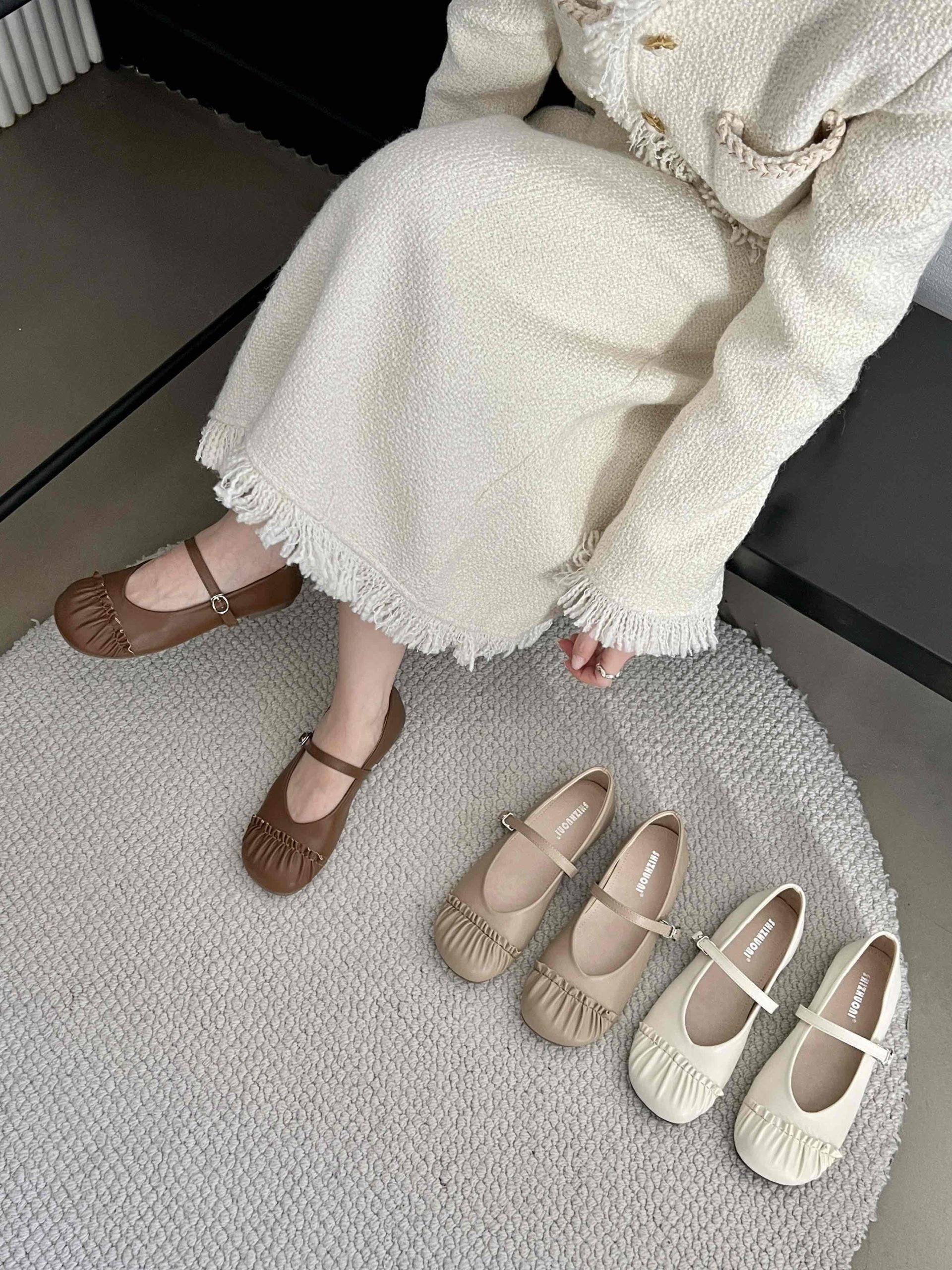 French Flat Soft Fold Evening Cream Yellow Women's Shoes Spring Soft Sole Mary Jane Shoes for Dresses Commuter Grandma Shoes