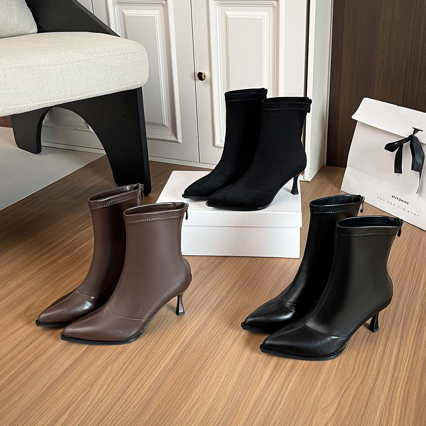 Pointed Toe Stiletto Ankle Boots for Women Fashion Autumn Winter Stretch Boots European and American Versatile Niche Design Slim Boots