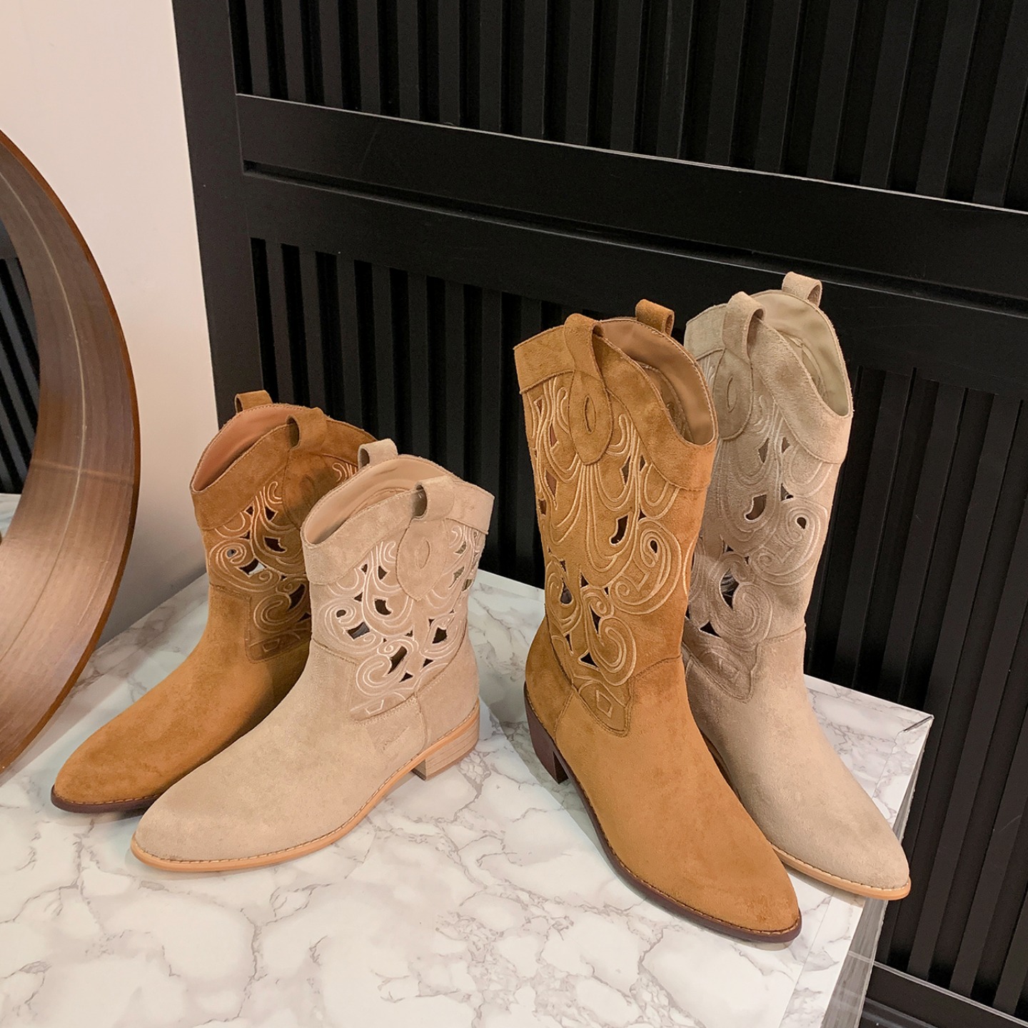 Trendy Fall Winter New Style Two Versions - Edgy Pointed Toe Hollow Out Embroidered Mid Calf Chunky Heel Western Boots for Women