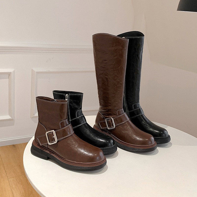 Trendy Washed Horse Leather Round Toe Chunky Heel Motorcycle Short Boots with Belt Buckle Mid Calf Boots for Women Autumn Winter New