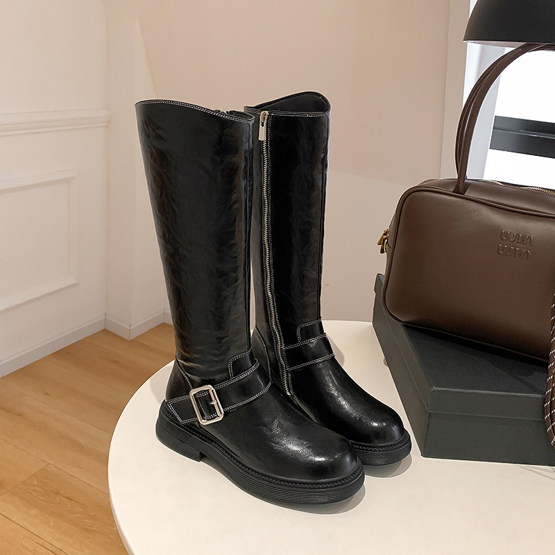 Trendy Washed Horse Leather Round Toe Chunky Heel Motorcycle Short Boots with Belt Buckle Mid Calf Boots for Women Autumn Winter New - Image 2