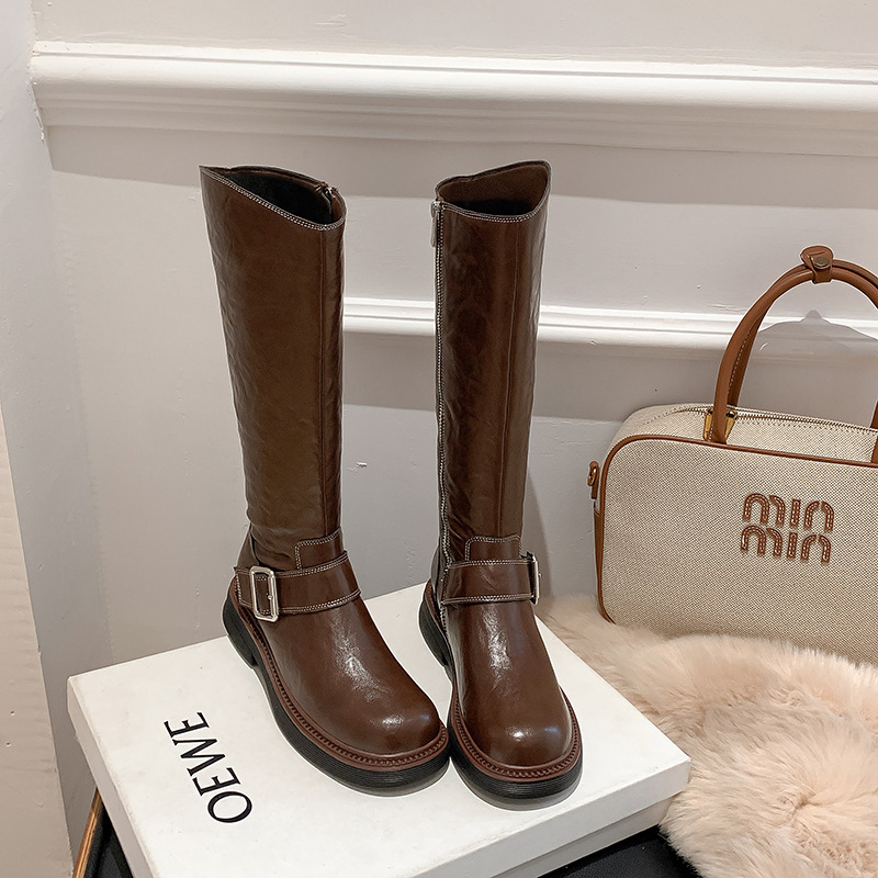 Trendy Washed Horse Leather Round Toe Chunky Heel Motorcycle Short Boots with Belt Buckle Mid Calf Boots for Women Autumn Winter New - Image 3