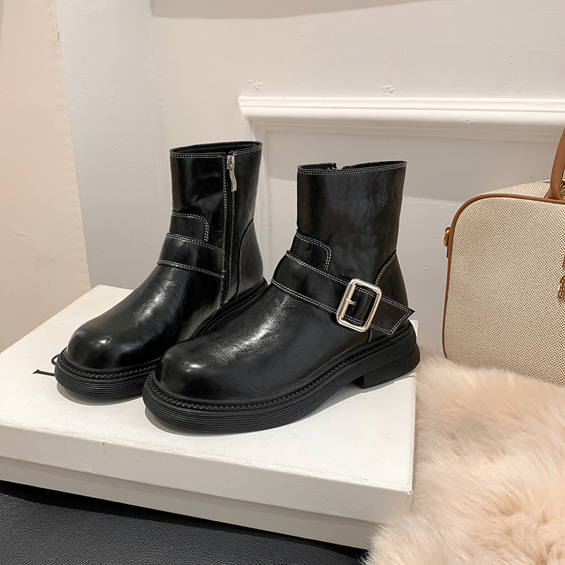 Trendy Washed Horse Leather Round Toe Chunky Heel Motorcycle Short Boots with Belt Buckle Mid Calf Boots for Women Autumn Winter New - Image 4