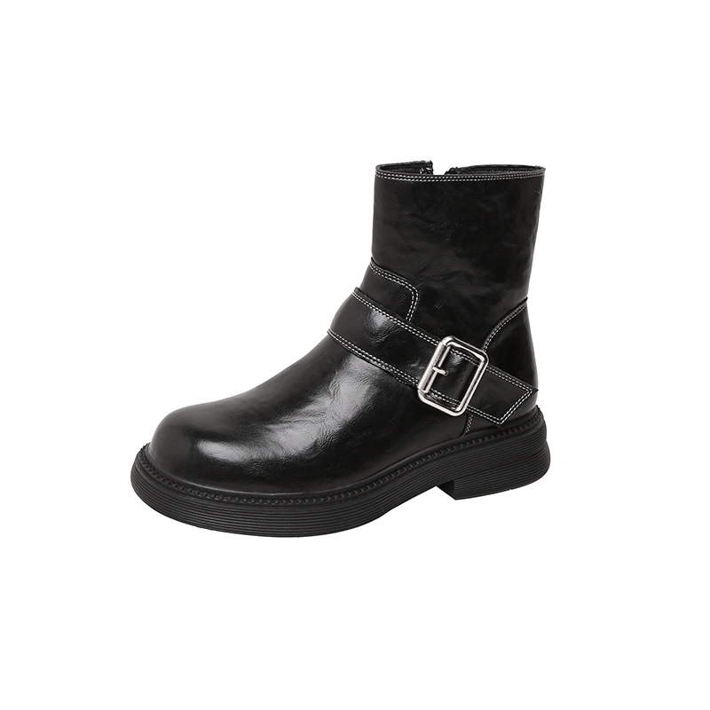 Trendy Washed Horse Leather Round Toe Chunky Heel Motorcycle Short Boots with Belt Buckle Mid Calf Boots for Women Autumn Winter New - Image 5